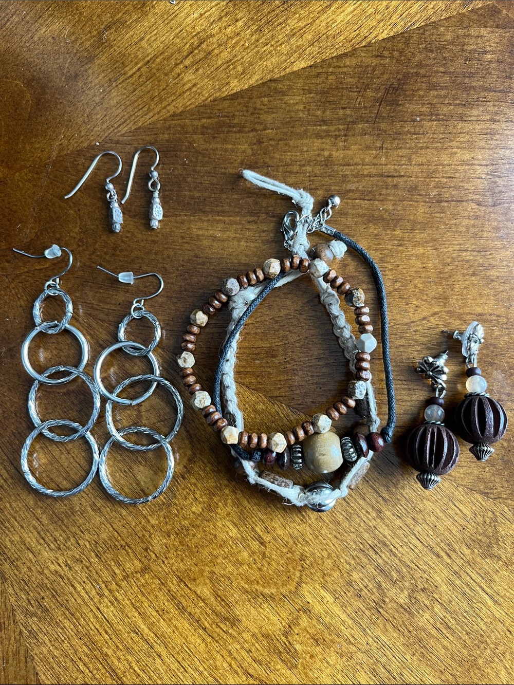 Boho Mixed Wood and Metal Bracelet Set in Brown and Silver with Earrings
